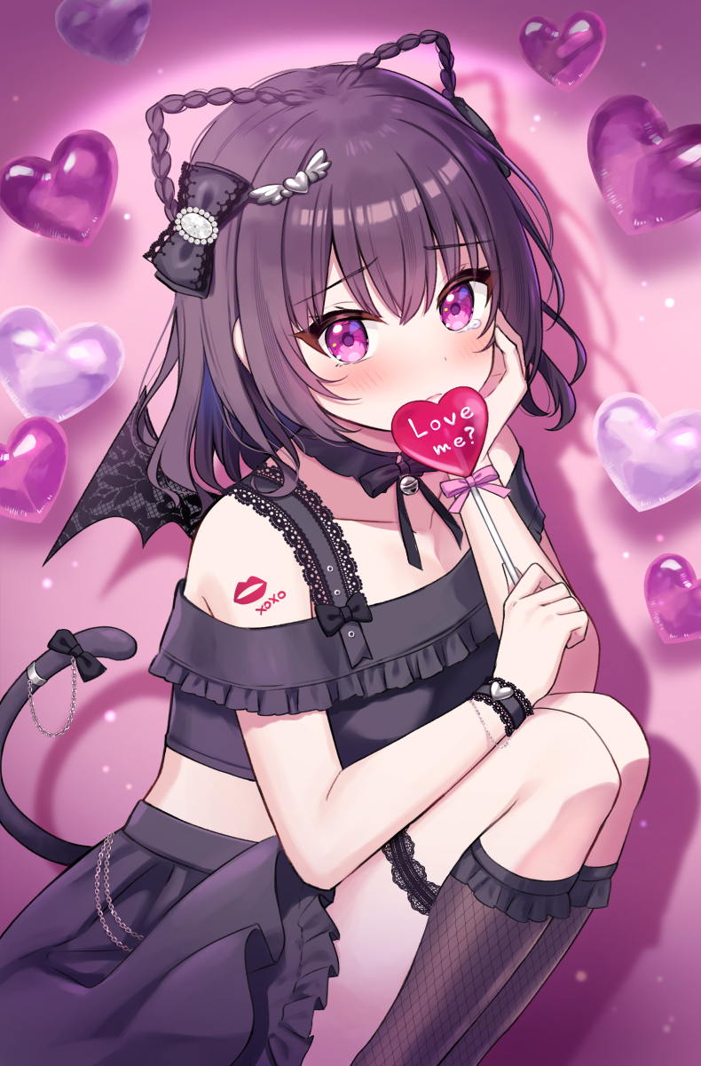 1girl bare_shoulders bell black_bow black_skirt black_wings blush bow braid brown_hair brown_socks candy cat_tail closed_mouth collarbone commentary_request english_text fishnet_socks fishnets food frilled_shirt frilled_skirt frilled_socks frills hair_between_eyes hair_bow hair_ears hair_ornament hand_on_own_face hand_up heart heart_hair_ornament highres holding holding_candy holding_food holding_lollipop jingle_bell jirai_kei kneehighs knees_up lace lace_trim lollipop neck_bell off-shoulder_shirt off_shoulder original pink_bow purple_eyes shirt skirt socks solo squatting sumisaki_yuzuna tail tears twin_braids wings xo