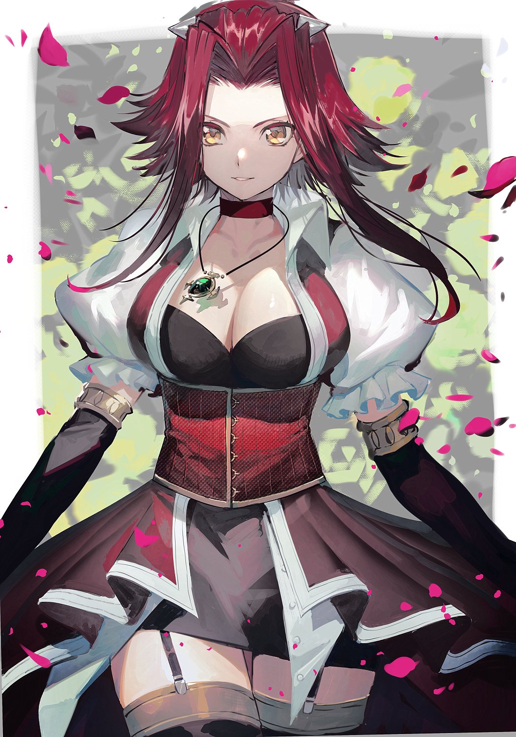 1girl aoki_(fumomo) black_gloves black_thighhighs breasts choker cleavage collarbone commentary_request corset cowboy_shot elbow_gloves garter_straps gloves highres izayoi_aki jewelry long_hair looking_at_viewer medium_breasts necklace parted_bangs parted_lips petals puffy_short_sleeves puffy_sleeves red_hair short_sleeves smile solo teeth thighhighs yellow_eyes yu-gi-oh! yu-gi-oh!_5d&#039;s zettai_ryouiki