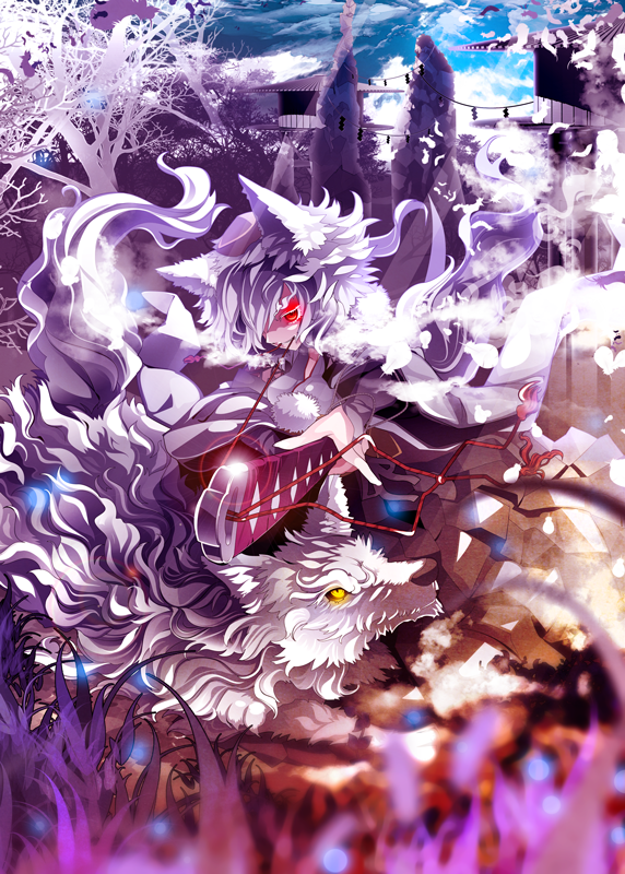 1girl animal_ears detached_sleeves female_focus glowing glowing_eye hat inubashiri_momiji mouth_hold red_eyes short_hair solo sword tail tokin_hat touhou tree uki_(room_405) weapon white_hair wolf wolf_ears wolf_tail yellow_eyes