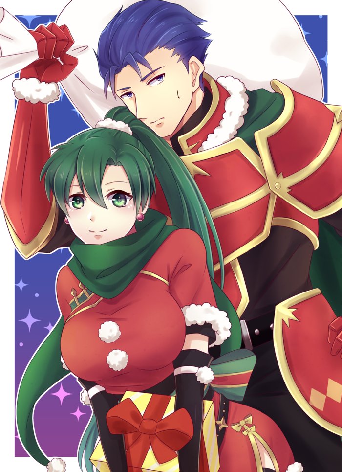 1boy 1girl armor blue_eyes blue_hair christmas earrings elbow_gloves fire_emblem fire_emblem:_the_blazing_blade gift gift_bag gloves green_eyes green_hair hat hector_(fire_emblem) hetero hug hug_from_behind jewelry kazame long_hair looking_at_viewer lyn_(fire_emblem) nintendo ponytail santa_costume santa_hat scarf smile very_long_hair