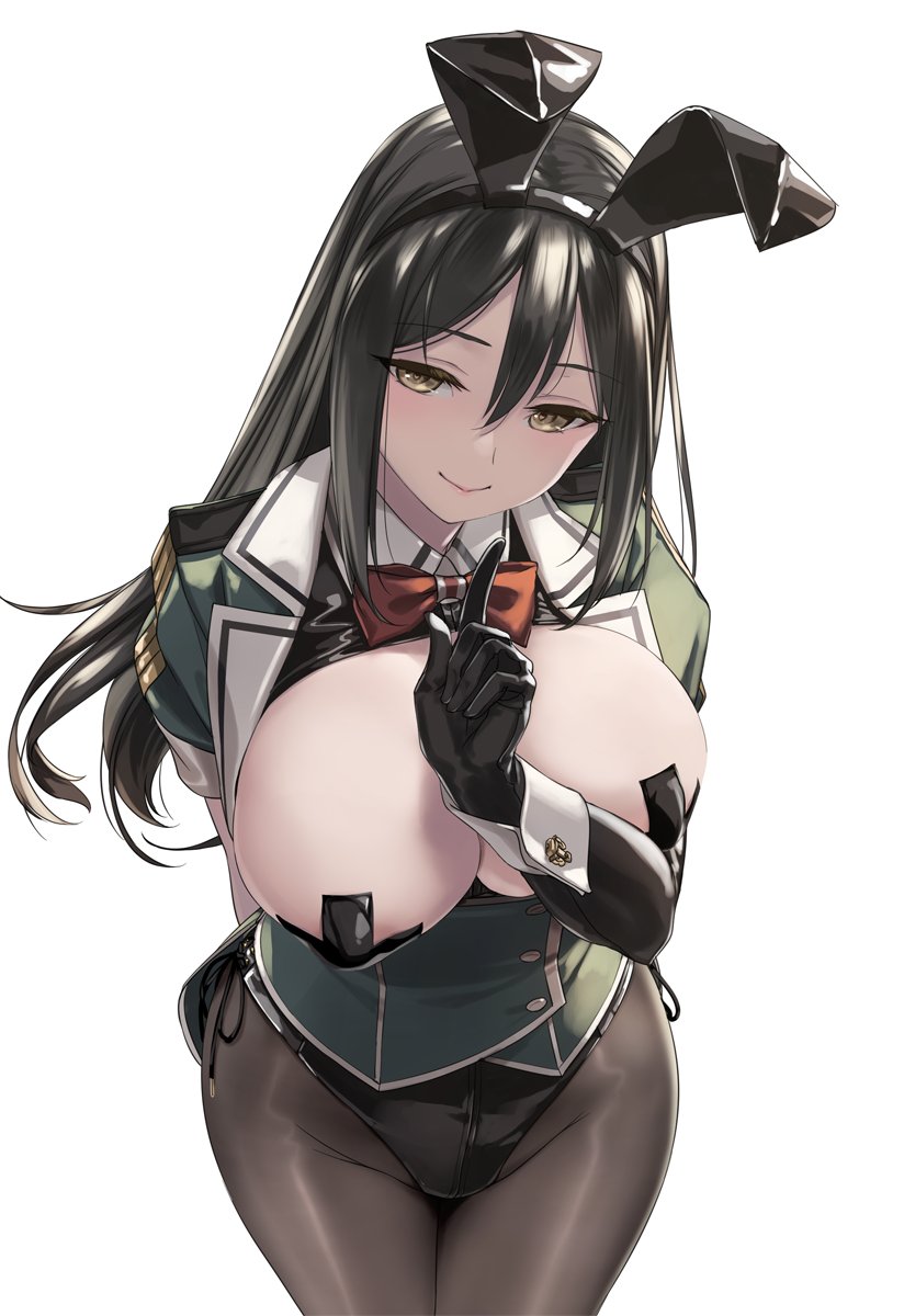 1girl adapted_costume alternate_costume animal_ears black_hair black_leotard bow bowtie breasts chikuma_(kancolle) cowboy_shot cross cross_pasties elbow_gloves fake_animal_ears gloves highres kantai_collection large_breasts leotard long_hair pantyhose pasties playboy_bunny rabbit_ears ribbon rokuwata_tomoe single_elbow_glove single_glove smile white_background wrist_cuffs yellow_eyes