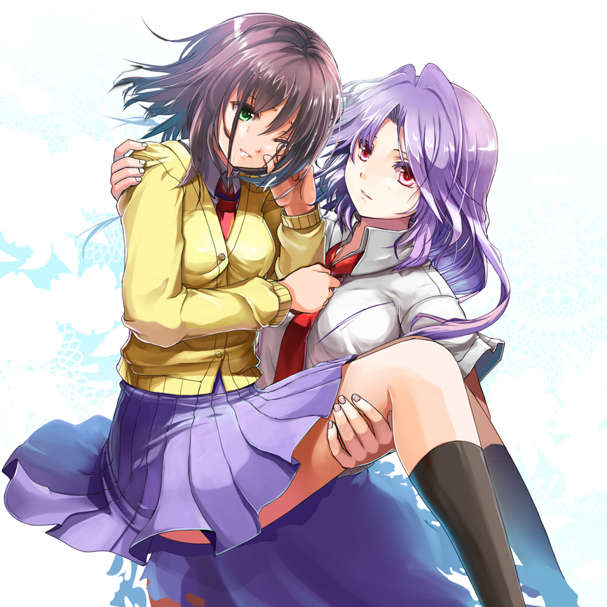 2girls black_socks brown_hair cardigan carrying clothes_grab couple green_eyes kajiki_yumi kneehighs light_smile mogumoge multiple_girls necktie necktie_grab neckwear_grab one_eye_closed princess_carry purple_hair red_eyes saki_(manga) school_uniform short_hair socks tears touyoko_momoko wink yuri