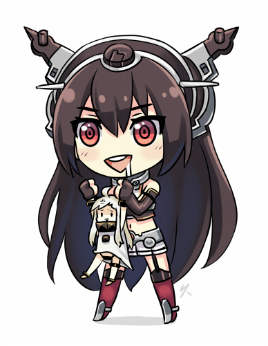 10s 2girls abyssal_ship ahoge anger_vein black_hair chibi drooling kaizeru kantai_collection long_hair lowres multiple_girls nagato_(kancolle) northern_ocean_princess panties red_eyes take_it_home thighhighs underwear white_hair