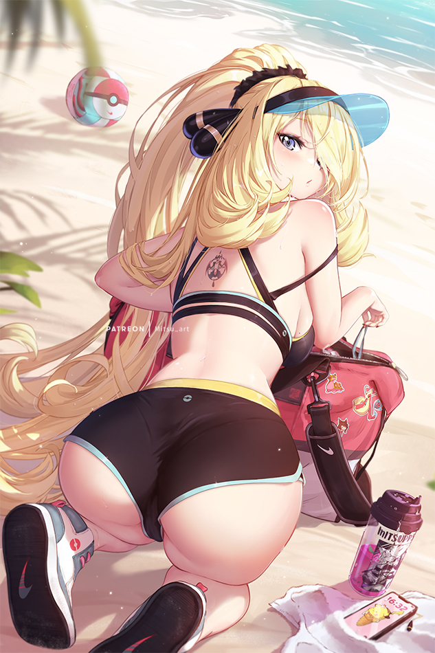 1girl alternate_costume ass back_tattoo bag beach bikini blonde_hair bottle cellphone character_tattoo commentary creatures_(company) cynthia_(pokemon) duffel_bag english_commentary from_behind game_freak garchomp gastrodon gen_3_pokemon gen_4_pokemon grey_eyes long_hair looking_back milotic mitsu_(mitsu_art) nail_polish nike_(company) nintendo outdoors phone poke_ball_symbol pokemon pokemon_dppt shoe_soles shoes short_shorts shorts smartphone solo swimsuit tattoo tree very_long_hair water water_bottle