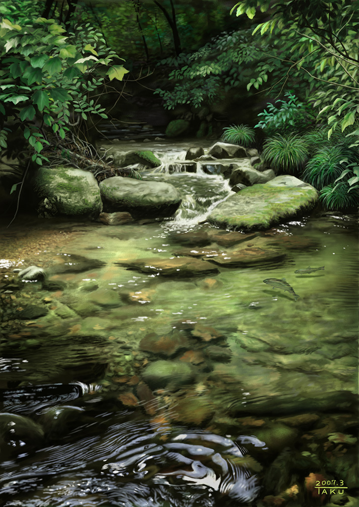 2007 dated fish leaf matataku moss nature no_humans original scenery stepping_stones stream tree