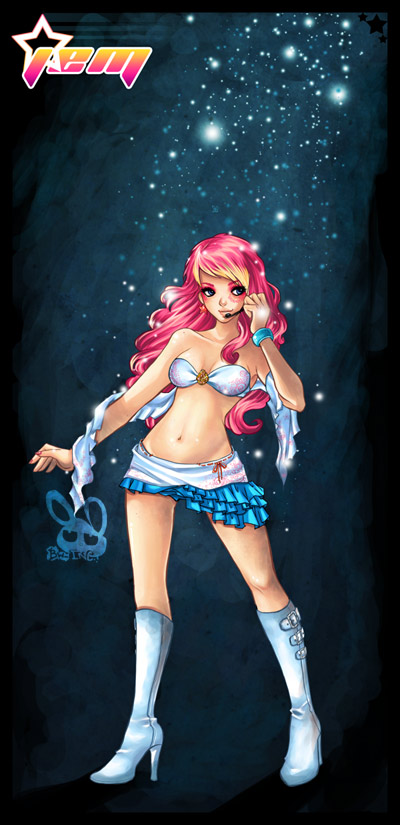 1girl bikini bikini_top_only boots female_focus jem jem_(character) jem_and_the_holograms jennifer_duong long_hair miniskirt pink_hair skirt solo swimsuit