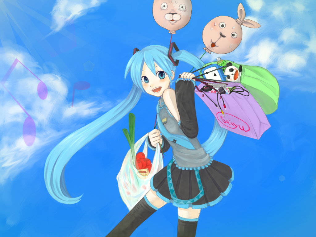 1girl aqua_hair balloon female_focus hatsune_miku kirenenko_(usavich) mame_usagi putin_(usavich) solo spring_onion thighhighs twintails usavich vocaloid