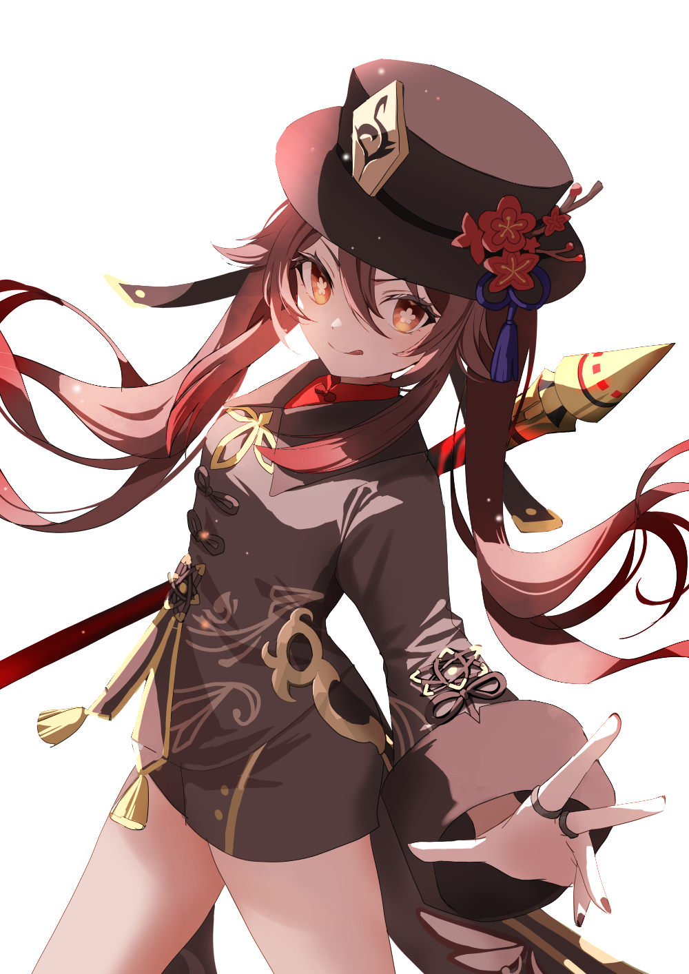 1girl :q black_nails black_shorts brown_hair chinese_clothes coattails collared_coat flower flower-shaped_pupils genshin_impact hat hat_flower hat_tassel highres holding holding_polearm holding_weapon hu_tao_(genshin_impact) jewelry kedama_(kedamaneko) long_hair long_sleeves looking_at_viewer multiple_rings plum_blossoms polearm porkpie_hat red_eyes ring shorts smile solo symbol-shaped_pupils tailcoat tongue tongue_out twintails weapon