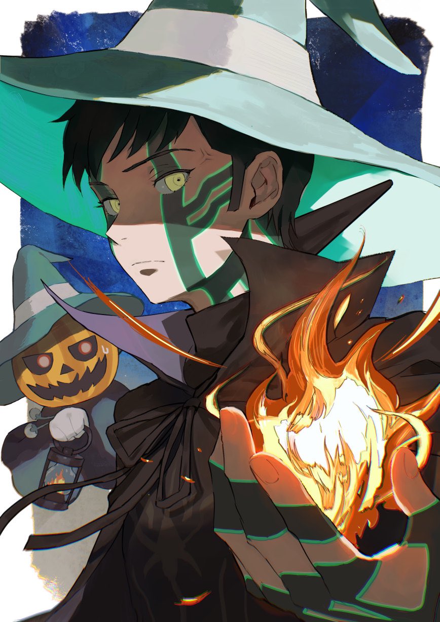 1boy black_hair demi-fiend donbee937 fire full-body_tattoo hat highres looking_at_viewer magic male_focus pyro_jack pyrokinesis shin_megami_tensei shin_megami_tensei_iii:_nocturne short_hair smile tattoo yellow_eyes