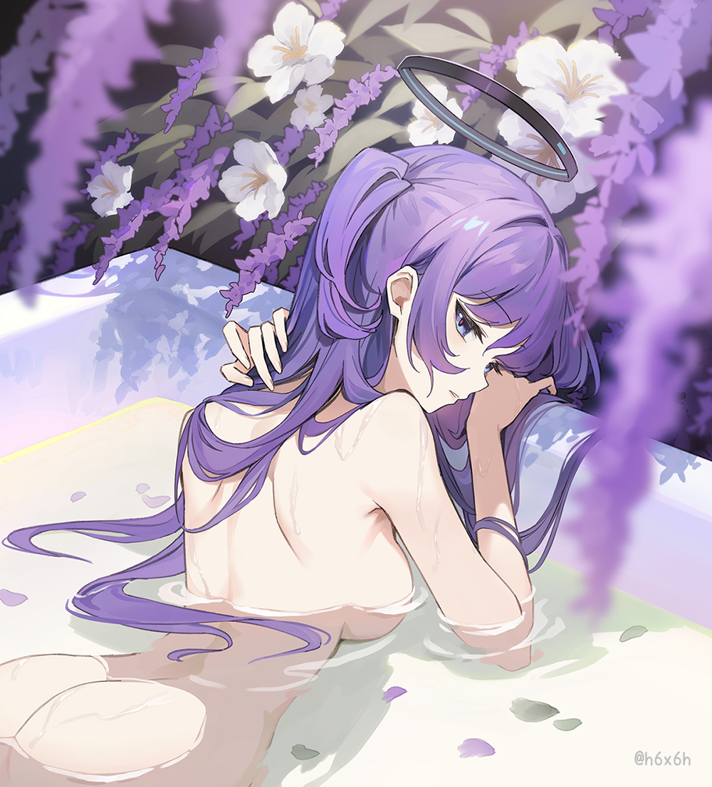 1991_(blz) 1girl ass black_halo blue_archive flower from_behind halo lavender_(flower) mechanical_halo nude purple_eyes purple_flower purple_hair red_pupils solo water wet white_flower yuuka_(blue_archive)