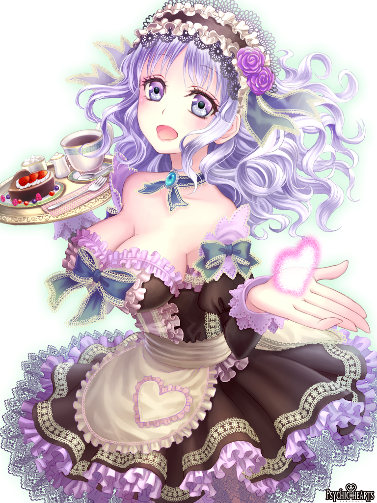 1girl apron bare_shoulders breasts cake cleavage cup dress female_focus food frills frontier_town hairband heart large_breasts light_purple_hair lolita_fashion lolita_hairband maid_apron original outstretched_hand psychic_hearts purple_eyes solo tray waitress