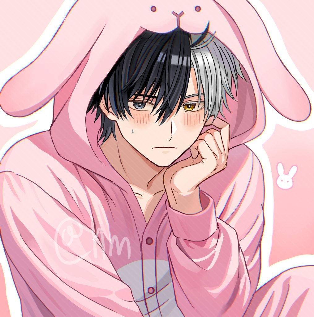 1boy animal_hood black_hair blush closed_mouth grey_eyes grey_hair hair_between_eyes heterochromia hood hoodie hyohls2_(hamao3o) long_sleeves male_focus multicolored_hair pink_background pink_hood pink_hoodie rabbit_hood revision sakura_haruka_(wind_breaker) short_hair solo two-tone_hair white_hair wind_breaker_(nii_satoru) yellow_eyes