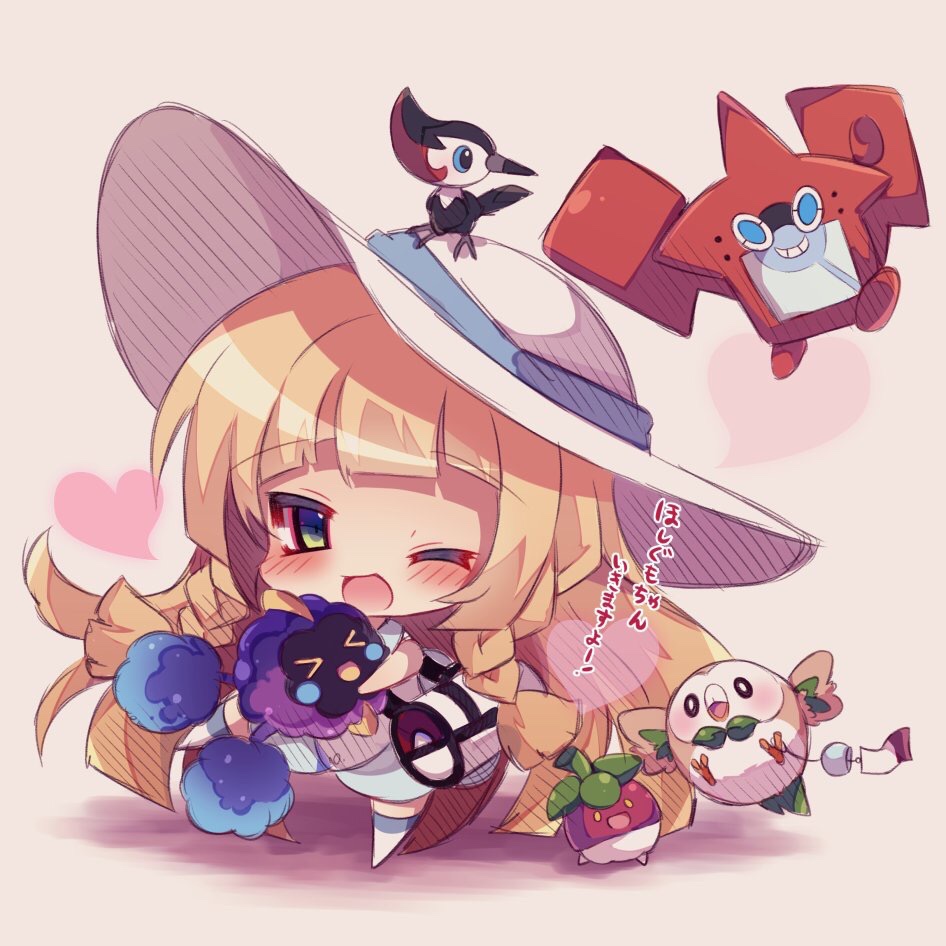 &gt;_&lt; 1girl :d ;d bag bare_arms bird blonde_hair blunt_bangs blush bounsweet braid chibi closed_eyes collared_dress cosmog creatures_(company) dress duffel_bag flying game_freak gen_4_pokemon gen_7_pokemon green_eyes grin hat heart holding legendary_pokemon lillie_(pokemon) long_hair muuran nintendo one_eye_closed open_mouth owl pikipek poke_ball_theme pokemon pokemon_(creature) pokemon_sm rotom rotom_dex rowlet sleeveless sleeveless_dress smile standing standing_on_one_leg sun_hat sundress thighhighs translation_request twin_braids very_long_hair white_dress white_hat white_thighhighs wind_chime xd