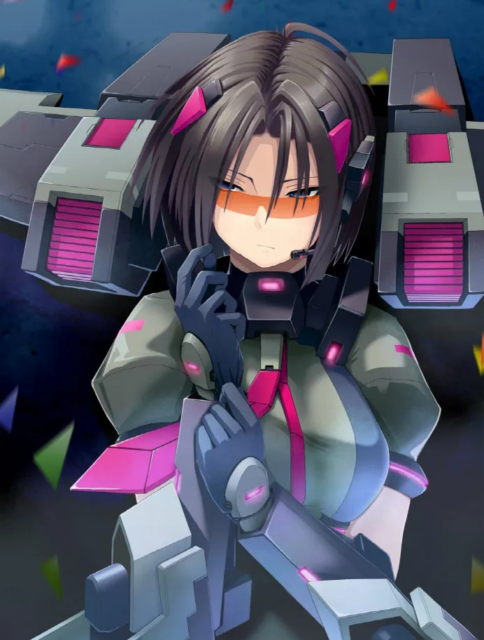 1girl :| artist_request black_eyes black_gloves black_hair bodyguard breasts closed_mouth cosmic_break earphones gloves jetpack katalina_b.g. large_breasts mecha_musume microphone necktie official_art parted_bangs pink_necktie short_hair sunglasses third-party_source