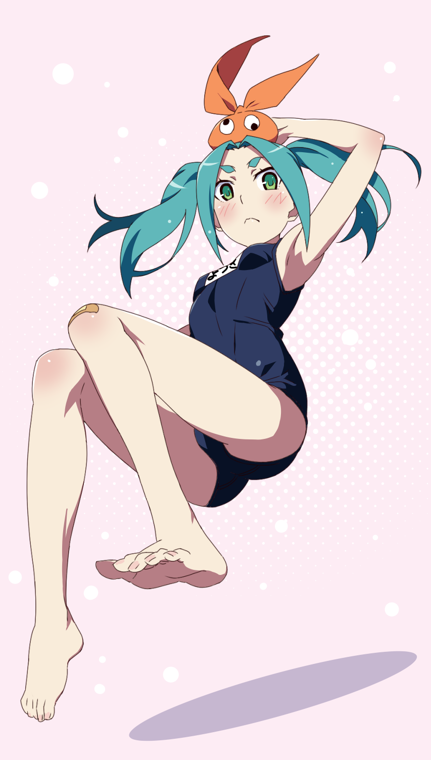 1girl aqua_hair arm_up armpits barefoot blush breasts feet full_body gesugesu_ahoaho googly_eyes green_eyes hat highres looking_at_viewer monogatari_(series) one-piece_swimsuit ononoki_yotsugi school_swimsuit short_eyebrows small_breasts solo swimsuit toes twintails