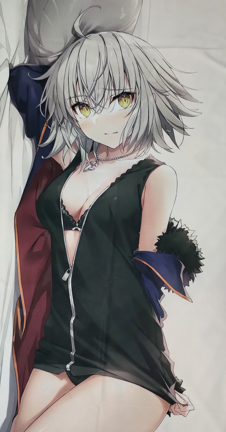 1girl black_dress black_panties blush breasts choppy_bangs clothes_pull dress fate/grand_order fate_(series) gabiran highres jeanne_d&#039;arc_(fate) jeanne_d&#039;arc_alter_(avenger)_(fate) jeanne_d&#039;arc_alter_(fate) jewelry legs light_blush lying on_side panties partially_unzipped pendant short_hair shy solo type-moon underwear undressing white_hair yellow_eyes