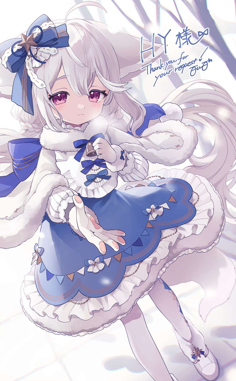 ahoge animal_ear_fluff animal_ears argyle_clothes argyle_legwear back_bow bell bib blue_bow blue_dress blush bow bowtie capelet collar commission dress foot_out_of_frame fox_ears fox_girl fox_tail frilled_collar frilled_dress frills full_body fur-trimmed_capelet fur-trimmed_dress fur-trimmed_gloves fur_trim gloves hair_between_eyes hair_bow hair_ornament hair_scrunchie hands_up high_collar highres large_bow large_ears large_tail layered_dress long_hair long_sleeves looking_at_viewer momoyama_momo original outdoors outstretched_arm outstretched_hand pantyhose print_dress puffy_sleeves red_eyes sakurada_shiro_(hy_plus) sakurada_shiro_(winter)_(hy_plus) scrunchie signature snow star_ornament steam striped_clothes striped_dress tail thank_you tree vertical-striped_sleeves very_long_hair white_capelet white_footwear white_gloves white_hair white_pantyhose white_sleeves wind winter_clothes