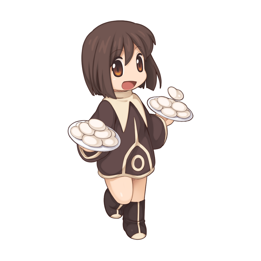 1girl :d black_footwear bob_cut boots brown_dress brown_eyes brown_hair chibi chibi_only dress food full_body holding holding_plate long_sleeves looking_at_viewer meena_(ragnarok_online) mochi official_art open_mouth plate ragnarok_online short_dress short_hair simple_background smile solo standing standing_on_one_leg transparent_background yuichirou