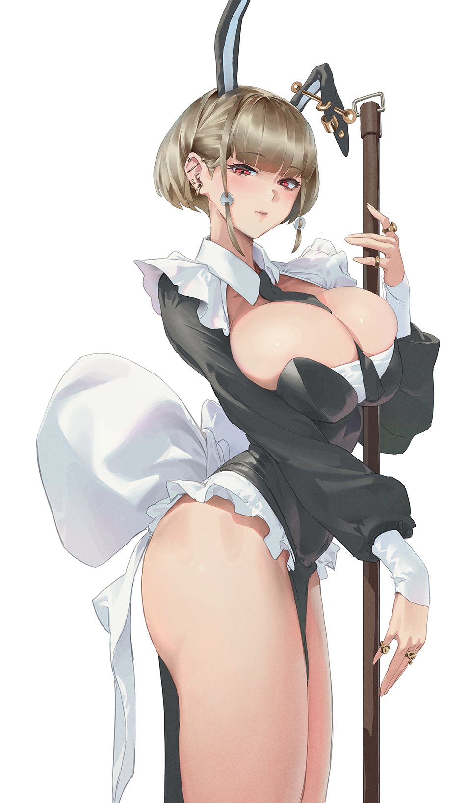 1girl between_breasts blonde_hair breasts commentary ear_piercing from_side half-closed_eyes highres large_breasts maid original piercing red_eyes short_hair sidelocks simple_background solo symbol-only_commentary white_background wonchun