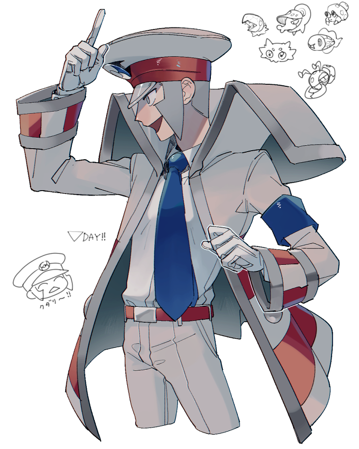 1boy :d ^_^ akamtvahosi archen armband belt blue_armband blue_necktie chibi closed_eyes coat collared_coat collared_shirt commentary_request cowboy_shot creatures_(company) cropped_legs durant dwebble emmet_(pokemon) game_freak gen_5_pokemon gloves grey_coat grey_eyes grey_hair grey_hat grey_pants hand_up hat index_finger_raised ingo_(pokemon) joltik long_sleeves looking_ahead male_focus necktie nintendo open_clothes open_coat open_mouth pants peaked_cap pokemon pokemon_(creature) pokemon_bw profile red_belt shelmet shirt shirt_tucked_in short_hair sideburns simple_background smile solo striped_coat translation_request tynamo v-shaped_eyebrows white_background white_gloves white_shirt wing_collar