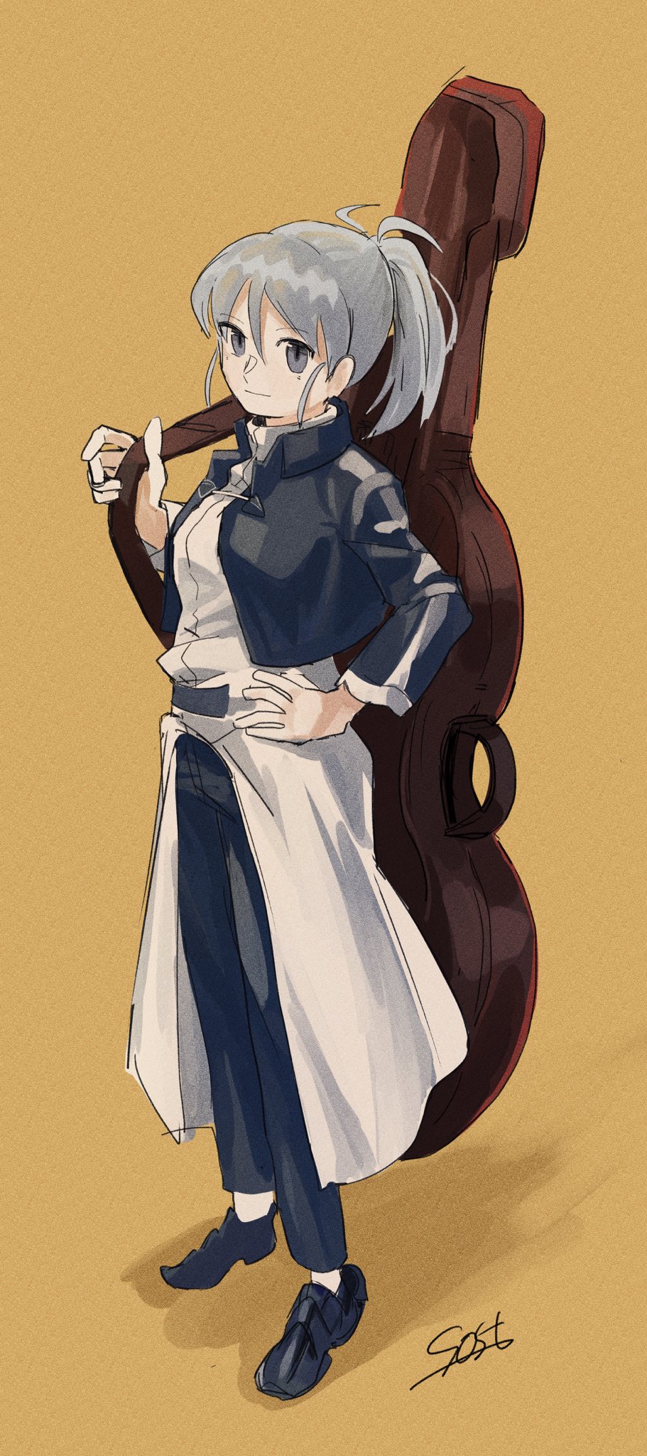 1girl artist_name bad_id bad_twitter_id cropped_jacket hand_on_own_hip highres instrument_case melty_blood riesbyfe_stridberg short_ponytail signature simple_background solo sost_fgo standing tsukihime yellow_background