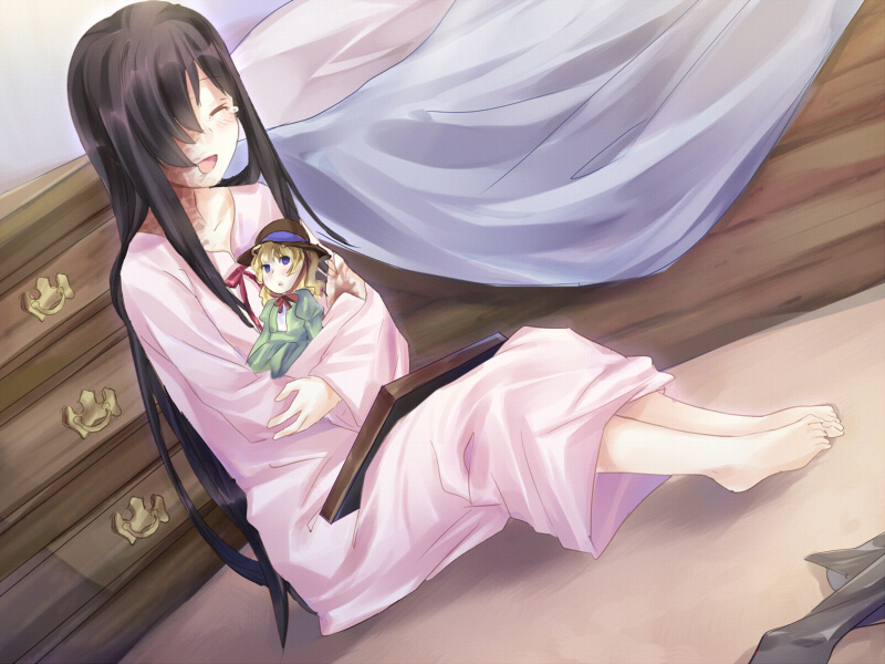 1girl artist_request barefoot bed black_hair burn_scar chest_of_drawers closed_eyes doll drawer full_body game_cg hair_over_one_eye happy_tears holding holding_doll ikezawa_hanako katawa_shoujo long_hair non-web_source official_art on_floor open_mouth picture_frame pillow pink_robe robe scar scar_on_face scar_on_neck sitting smile solo tearing_up tears