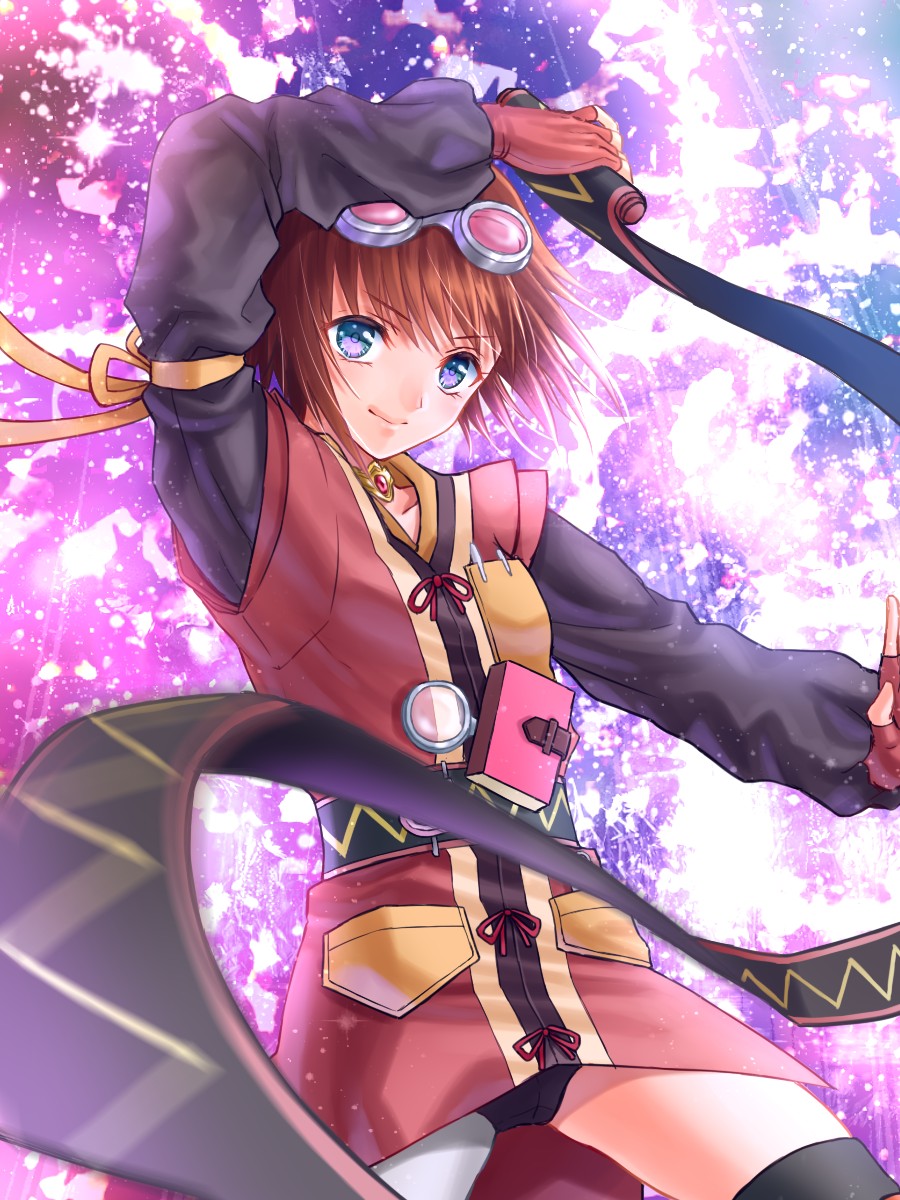 1girl blue_eyes breasts brown_hair fingerless_gloves gloves goggles highres jacket jewelry panties ribbon rita_mordio short_hair smile tales_of_(series) tales_of_vesperia thighhighs underwear