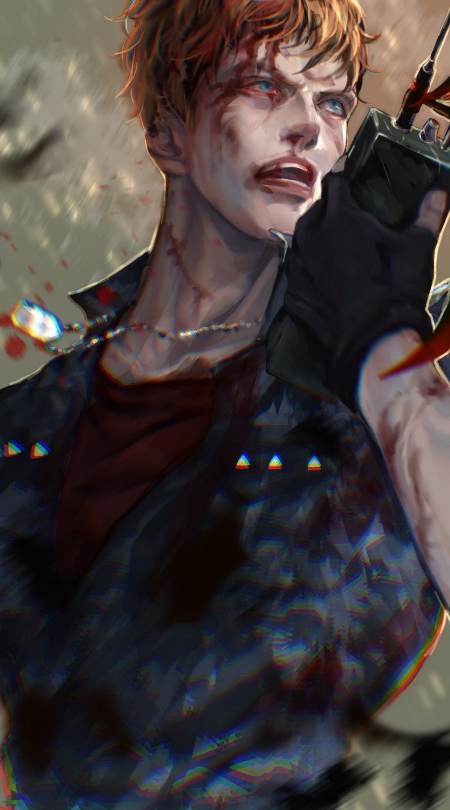 1boy blood blood_on_clothes blood_on_face blue_eyes brown_hair busujima_rio_mason camouflage camouflage_jacket dog_tags highres holding holding_walkie-talkie hypnosis_mic jacket la_la_la_la male_focus open_mouth red_shirt shirt simple_background walkie-talkie