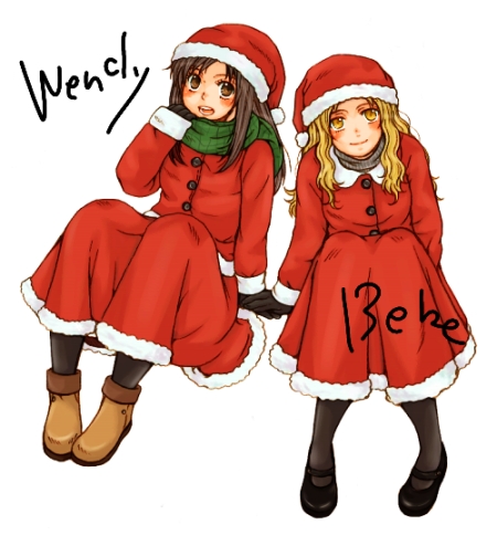 2girls animification bebe_stevens black_hair blonde_hair brown_eyes character_name child christmas hat holding_hands kaya_(lucky_stiff) long_hair lowres multiple_girls pantyhose santa_costume scarf simple_background south_park wendy_testaburger white_background yellow_eyes