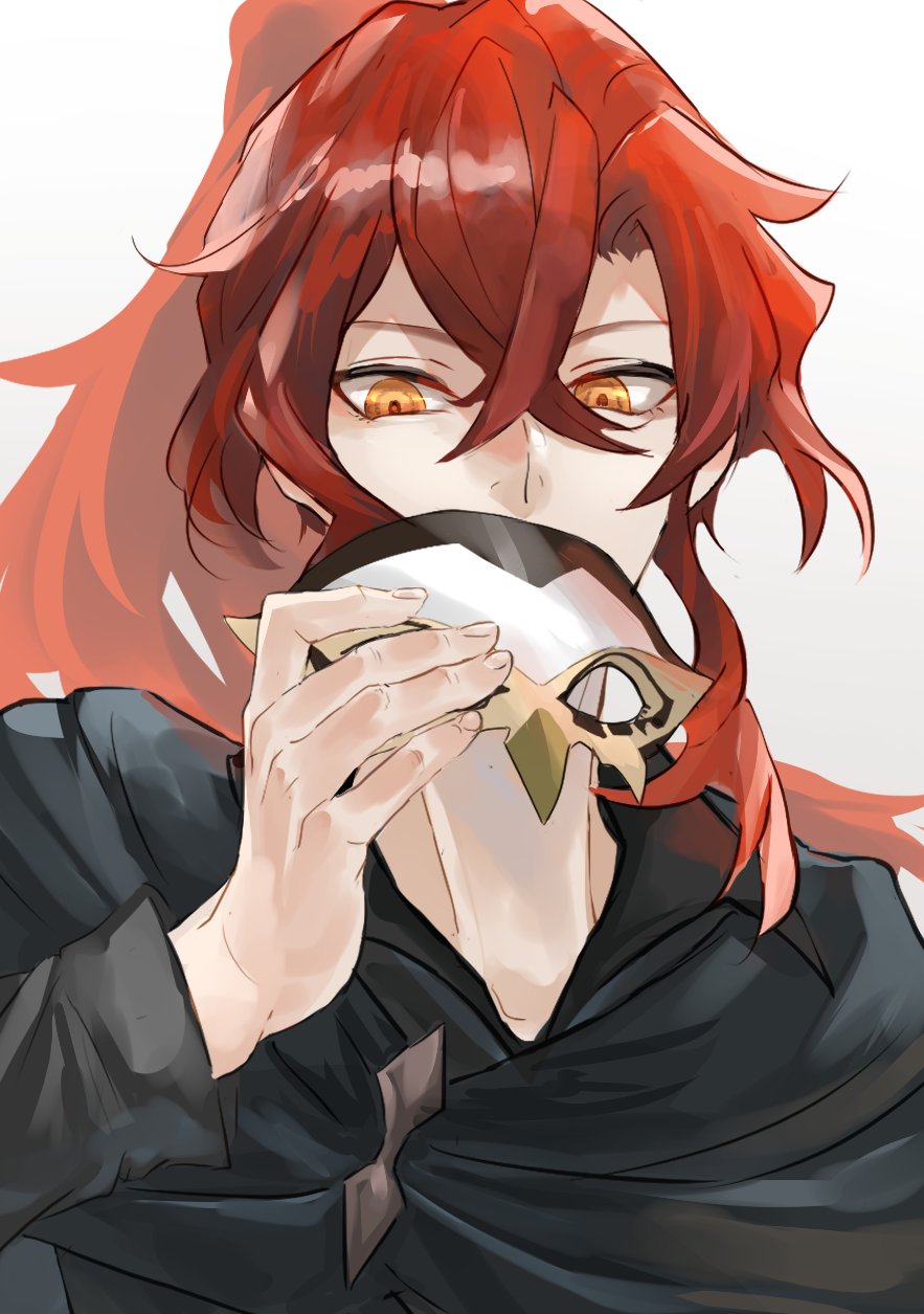 1boy close-up commentary_request covered_mouth diluc_(genshin_impact) genshin_impact highres male_focus mask penyo1989 red_hair simple_background solo white_background yellow_eyes