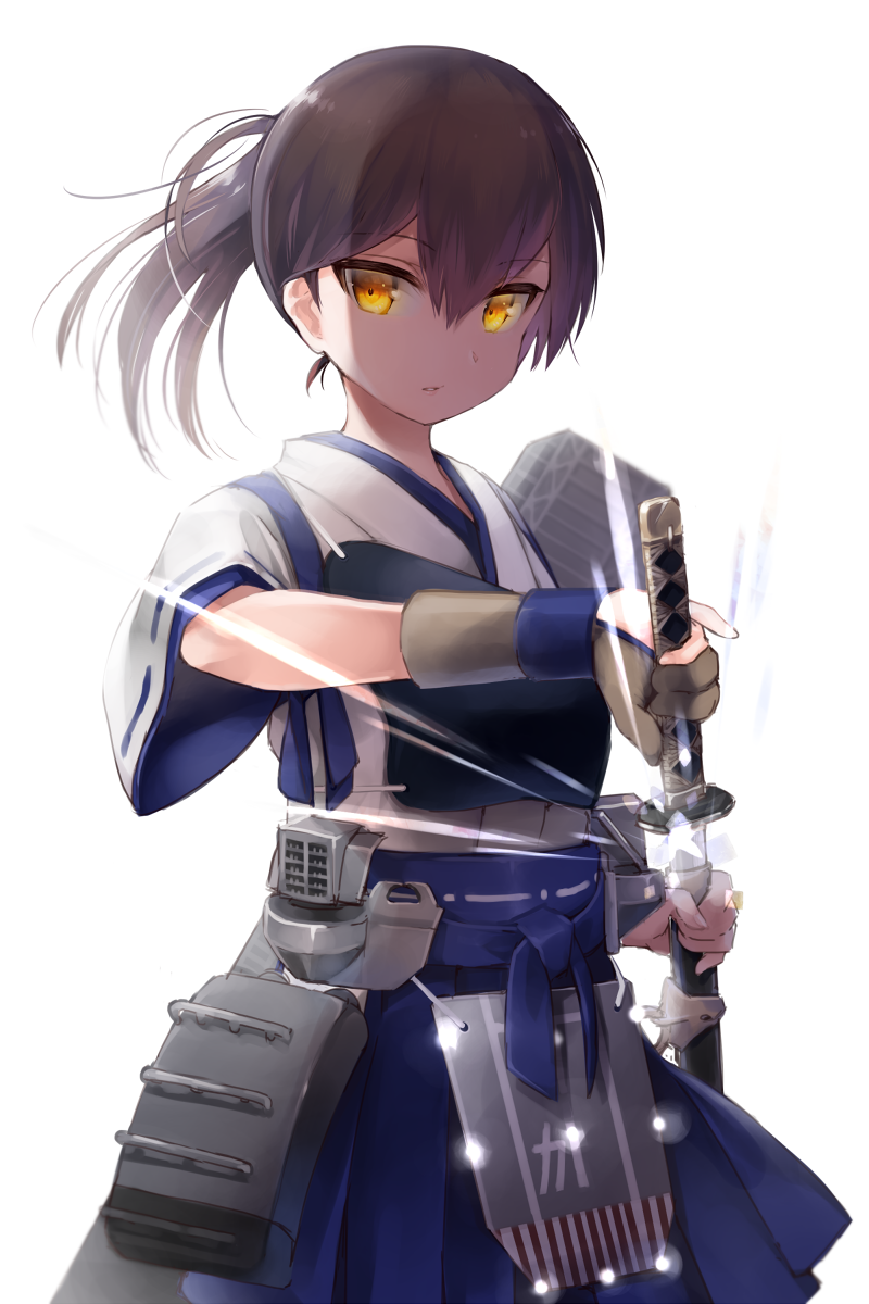 1girl blue_hakama brown_gloves brown_hair flight_deck gloves hair_between_eyes hakama hakama_short_skirt hakama_skirt highres holding holding_sword holding_weapon japanese_clothes kaga_(kancolle) kaga_kai_ni_(kancolle) kantai_collection katana long_hair muneate n:go partially_fingerless_gloves partly_fingerless_gloves sheath side_ponytail simple_background skirt solo sword tasuki unsheathing weapon white_background yellow_eyes yugake