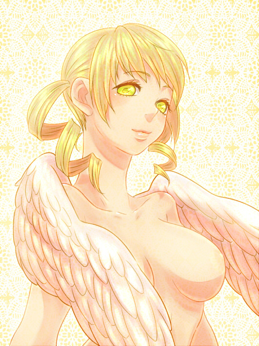 angel_wings blonde_hair breasts collarbone hair_rings hallow lips mahou_shoujo_madoka_magica medium_breasts nude one_breast_out tomoe_mami wings yellow_eyes