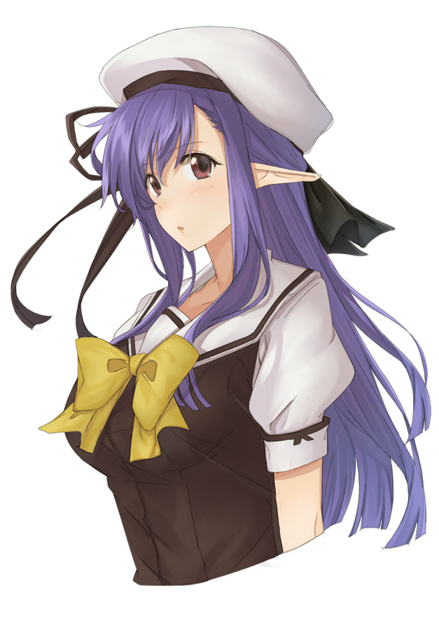 00s 1girl billion_(billion0103) blush female_focus hat long_hair looking_at_viewer nerine pointy_ears purple_hair red_eyes school_uniform short_sleeves shuffle! simple_background solo upper_body white_background