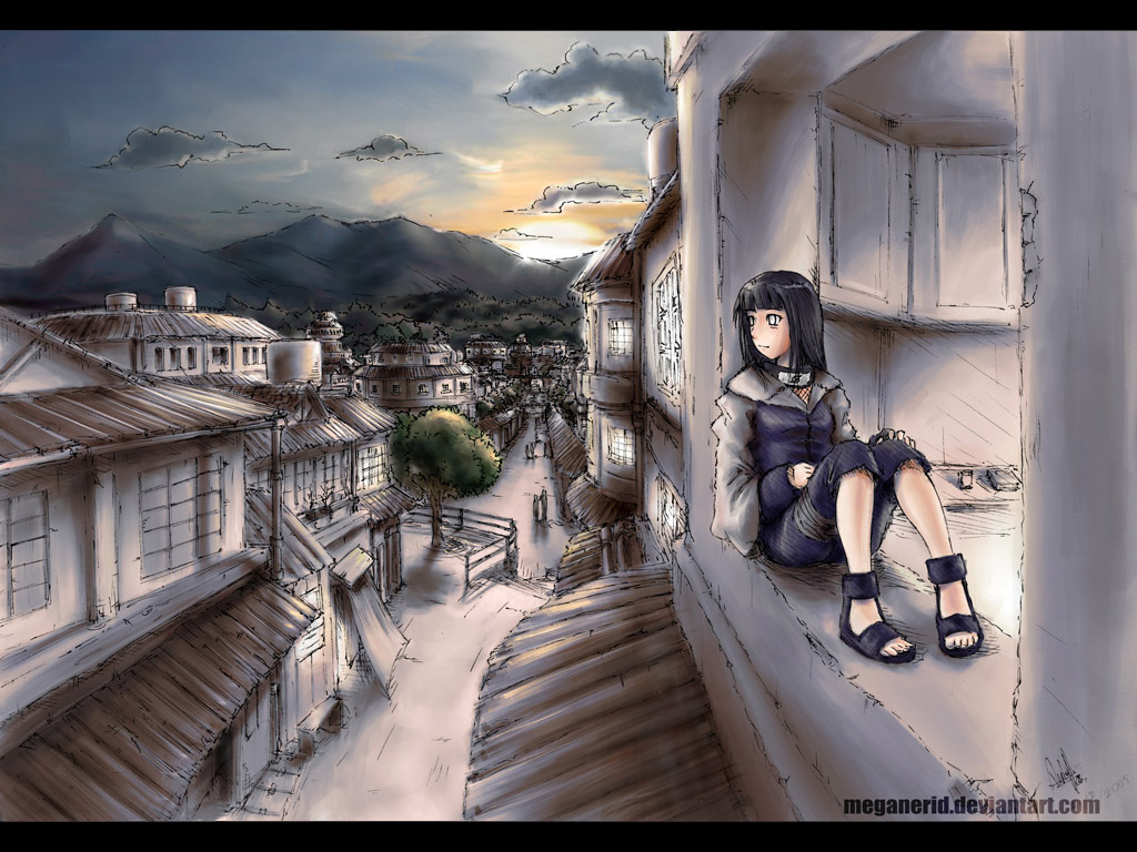 1girl capri_pants female_focus grey_theme hyuuga_hinata knees_together_feet_apart letterboxed meganerid mountain mountainous_horizon naruto naruto_(series) outdoors pants partially_colored sitting solo sunset town tree watermark