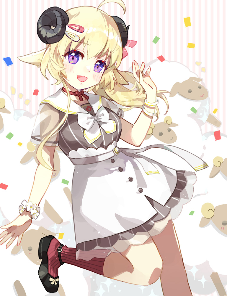 1girl :d ahoge animal animal_ears black_footwear blonde_hair blush bow breasts commentary_request confetti curled_horns feet_out_of_frame flower grey_shirt hair_between_eyes hair_ornament hairclip hand_up hololive horns long_hair looking_at_viewer mao_xiaozha_(rumiechen) medium_breasts open_mouth purple_eyes red_socks ribbed_legwear sailor_collar see-through_clothes sheep sheep_ears sheep_girl sheep_horns shirt shoes short_sleeves skirt smile socks solo standing standing_on_one_leg striped_background tsunomaki_watame tsunomaki_watame_(street_casual) vertical_stripes virtual_youtuber white_bow white_flower white_sailor_collar white_skirt