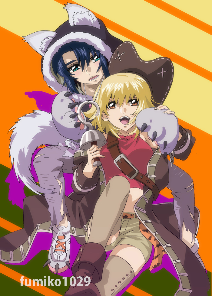 1boy 1girl animal_costume animal_ears artist_name athrun_zala blonde_hair blue_hair cagalli_yula_athha fumiko_(mesushi) green_eyes gundam gundam_seed halloween_costume hat holding hook jewelry looking_at_viewer multicolored_background necklace official_alternate_costume pirate_costume pirate_hat red_tank_top short_hair short_shorts shorts tank_top werewolf_costume yellow_eyes