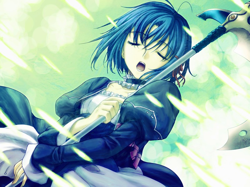 1girl blue_hair closed_eyes eien_no_aselia eternity_sword_series female_focus game_cg holding masaharu music open_mouth puffy_sleeves seinarukana short_hair singing solo