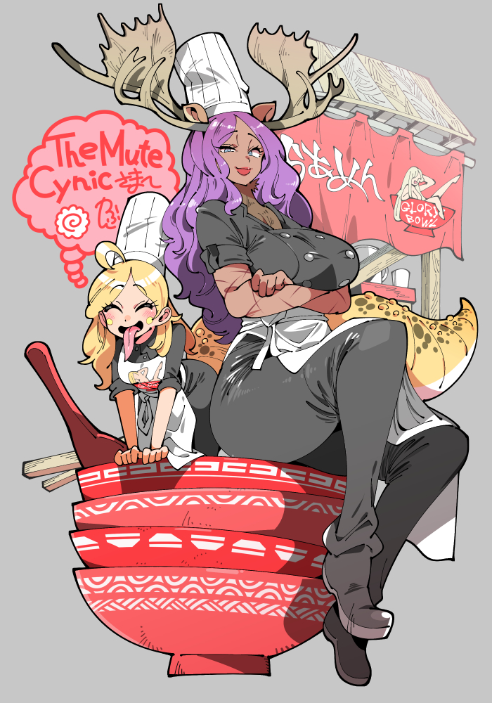 2girls antlers apron arms_under_breasts blonde_hair blue_eyes bowl breasts chef_hat chopsticks closed_eyes closed_mouth dark-skinned_female dark_skin grey_background grey_footwear hat horns kafun large_breasts long_hair long_tongue multiple_girls original purple_hair red_lips shoes size_difference speech_bubble tail thought_bubble tongue waist_apron white_apron