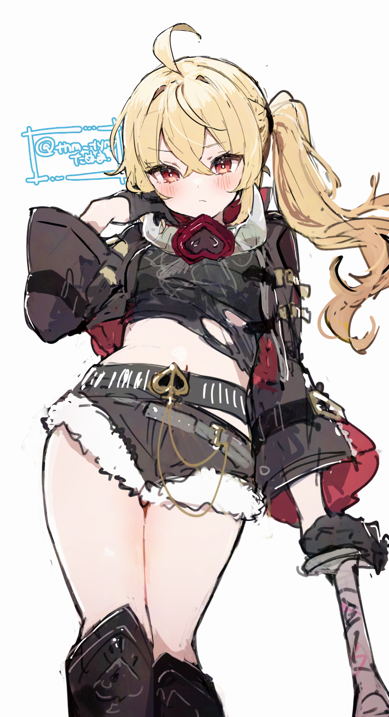 1girl ahoge artist_name baseball_bat belt black_belt black_footwear black_gloves black_jacket black_shorts blonde_hair blush boots crop_top denim denim_shorts fur-trimmed_shorts fur_trim gloves hair_between_eyes half_gloves highres ikeuchi_tanuma jacket long_hair long_sleeves looking_at_viewer luciana_de_montefio midriff navel open_clothes open_jacket petite red_eyes shirt short_shorts shorts side_ponytail sidelocks simple_background solo torn_clothes torn_shirt white_background zenless_zone_zero