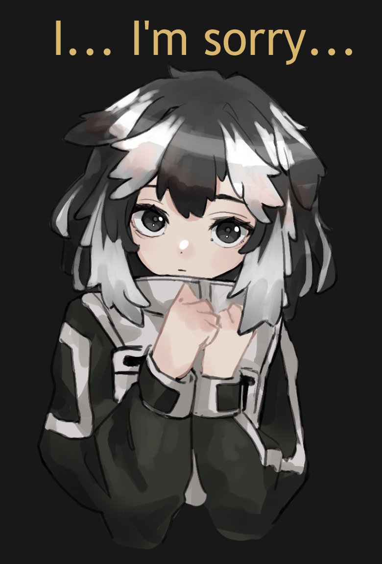 1girl black_background black_eyes black_hair black_sleeves closed_mouth english_text hands_up jacket jang_schna limbus_company long_sleeves looking_at_viewer medium_hair multicolored_hair project_moon senard simple_background solo streaked_hair virtual_youtuber white_hair white_jacket