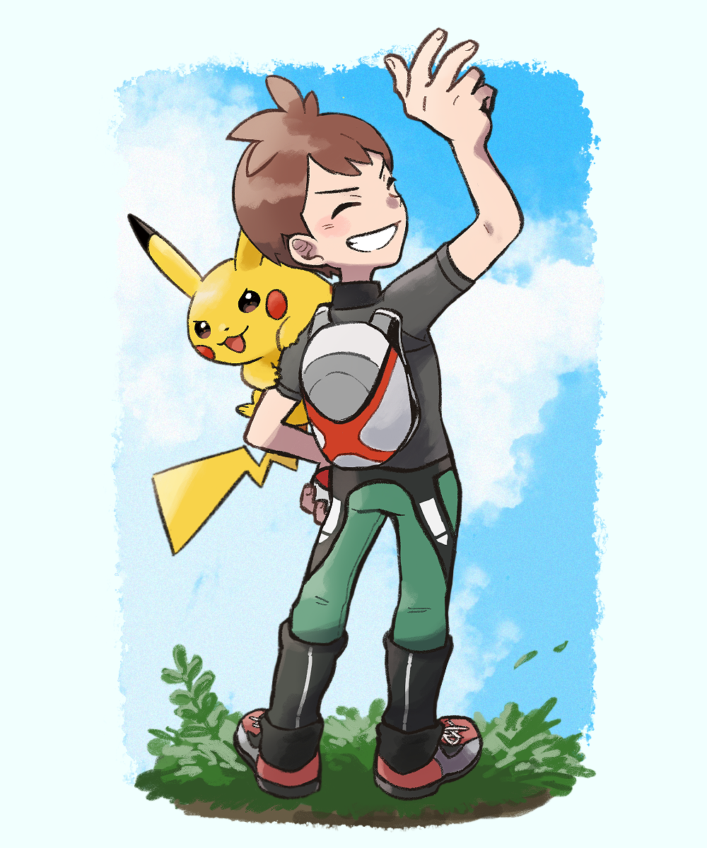 1boy arm_up blush_stickers brown_hair closed_eyes cloud creatures_(company) day falling_leaves from_behind game_freak gen_1_pokemon green_pants grey_shirt grin highres holding holding_poke_ball kokesa_kerokero leaf male_focus nintendo pants pikachu poke_ball poke_ball_(basic) pokemon pokemon_(creature) pokemon_lgpe pokemon_on_arm shirt shoes short_hair short_sleeves sky smile standing teeth trace_(pokemon) w