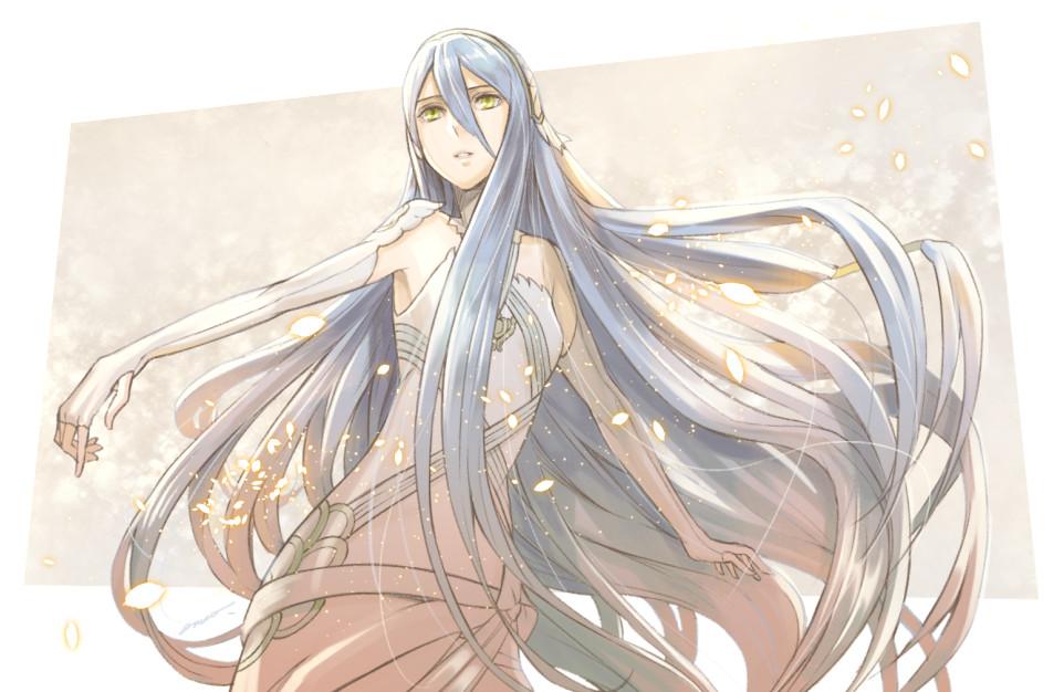 1girl amatari_sukuzakki azura_(fire_emblem) blue_hair fingerless_gloves fire_emblem fire_emblem_fates gloves hair_between_eyes jewelry long_hair looking_at_viewer nintendo pendant solo veil very_long_hair yellow_eyes