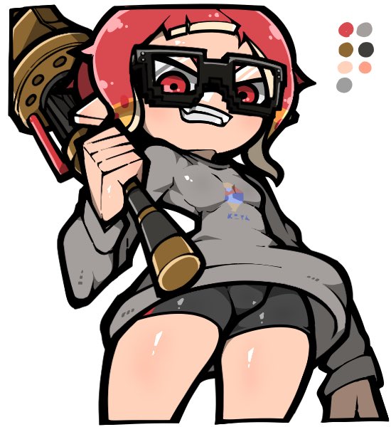 1girl 8-bit_(splatoon) bike_shorts black-framed_eyewear black_shorts breasts color_guide dynamo_roller_(splatoon) fangs glasses grey_sweater grin inkling long_sleeves name_omoitukan2 nintendo pointy_ears red_eyes red_hair shiny_skin short_hair shorts simple_background small_breasts smile solo splatoon_(manga) splatoon_(series) sweater tentacle_hair thick_lineart white_background