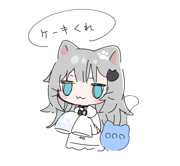 1girl :3 amashiro_natsuki animal_ears blue_eyes blush cat_ears grey_hair hair_between_eyes indie_virtual_youtuber jitome long_sleeves nachoneko paw_print shirt simple_background sketch sleeves_past_wrists solo translated virtual_youtuber white_background white_shirt