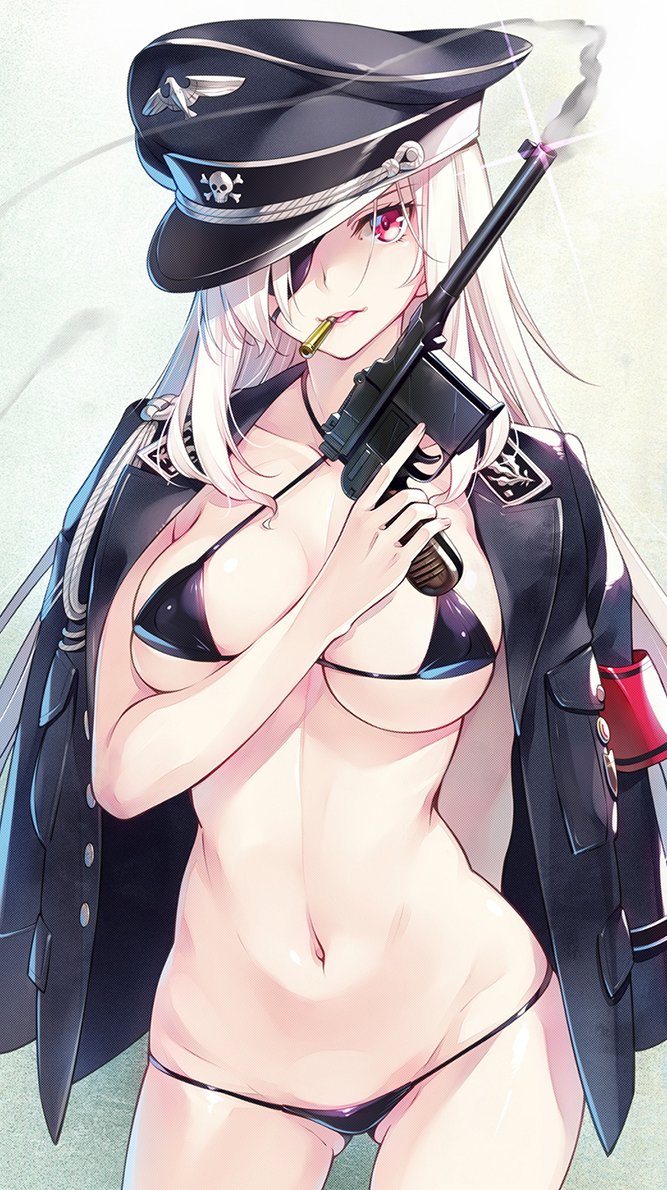 1girl biting black_bra black_hat black_jacket black_panties bra breasts bullet bullet_in_mouth eyepatch gun handgun hat holding holding_gun holding_weapon ikeda_yasuhiro jacket jacket_on_shoulders long_hair mauser_c96 medium_breasts midriff military_hat military_uniform navel open_clothes open_jacket original panties red_eyes reichsadler sidelocks simple_background skull_ornament smoke smoking_barrel solo thighs tilted_hat trigger_discipline underwear weapon white_background white_hair