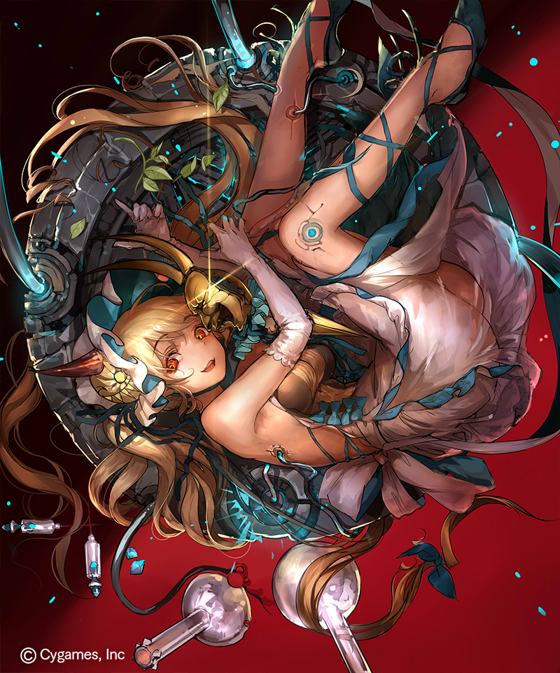 1girl back_bow bare_shoulders blonde_hair blue_bow blue_footwear blue_ribbon bow breasts company_name crazy_eyes crazy_smile dress flask large_breasts liiko long_hair looking_at_viewer looking_back needle official_art open_mouth potion red_background ribbon round-bottom_flask shadowverse simple_background smile solo teeth upper_teeth_only upside-down vier_(shadowverse) white_dress