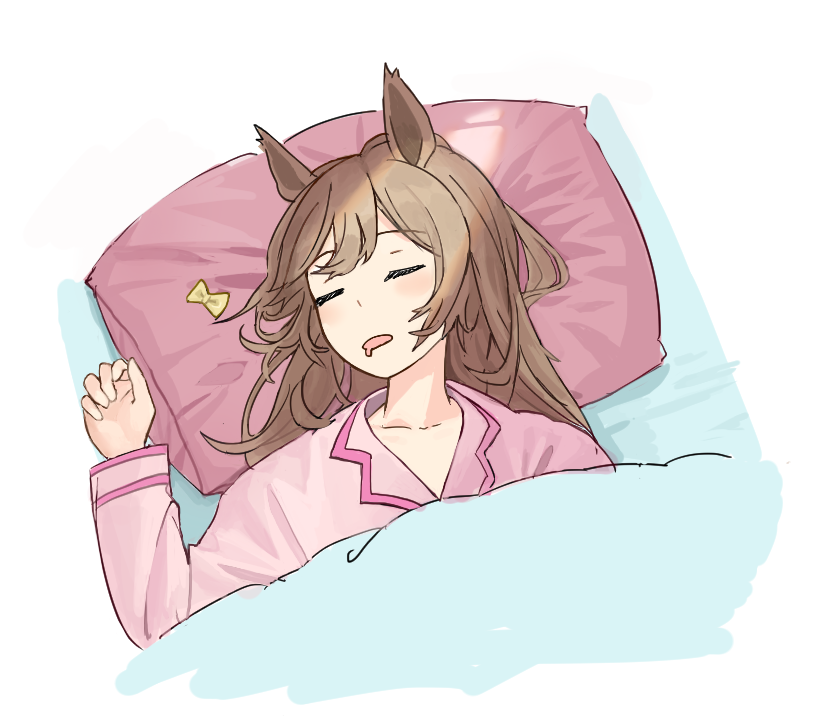 1girl animal_ears bed blanket bow brown_hair closed_eyes drooling hair_down horse_ears kogomiza light_blush long_hair long_sleeves mouth_drool open_mouth pajamas pillow pink_shirt shirt sleeping smart_falcon_(umamusume) solo umamusume under_covers