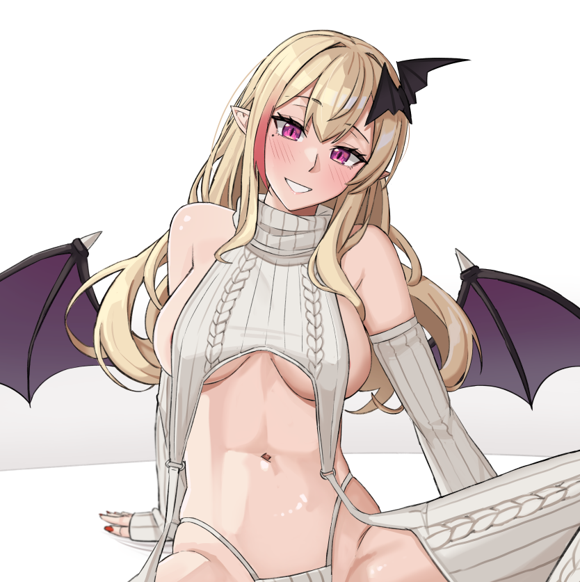 1girl bare_shoulders bat_hair_ornament bat_wings blonde_hair breasts detached_sleeves hair_ornament highleg highleg_panties kou_mariya kuon_bb meme_attire mole mole_under_eye multicolored_hair navel panties purple_eyes red_hair red_nails ribbed_panties ribbed_sleeves ribbed_sweater ribbed_thighhighs sleeves_past_wrists smile solo suspenders sweater thighhighs two-tone_hair underwear v4mirai virgin_destroyer_sweater virtual_youtuber white_panties white_sweater white_thighhighs wings