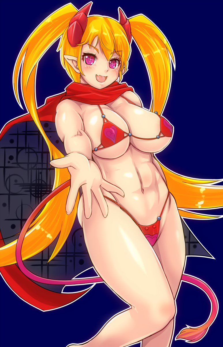 1girl bad_id bad_pixiv_id bikini blonde_hair borrowed_character breasts female_focus highleg highleg_bikini highres large_breasts long_hair nanashi_mushi original pointy_ears red_eyes roedo_tosuba scarf solo standing swimsuit twintails