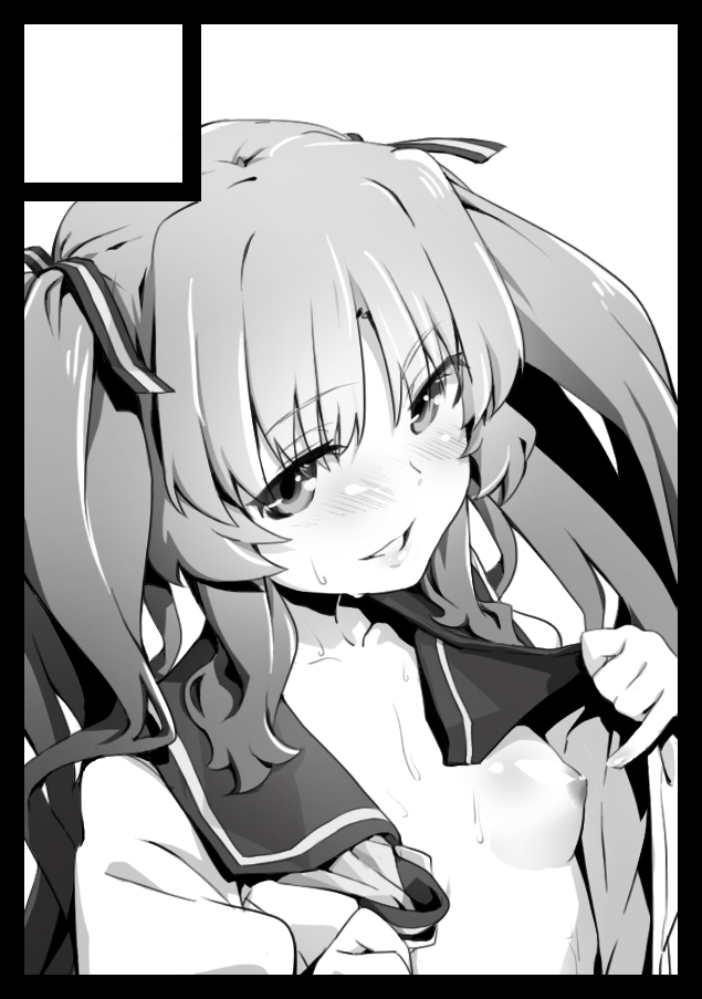 1girl ano_natsu_de_matteru blush breasts circle_cut comiket_82 commentary_request greyscale hair_ribbon long_hair looking_at_viewer monochrome nipples open_clothes open_shirt oyadi ribbon sailor_collar small_breasts smile solo sweat twintails upper_body yamano_remon